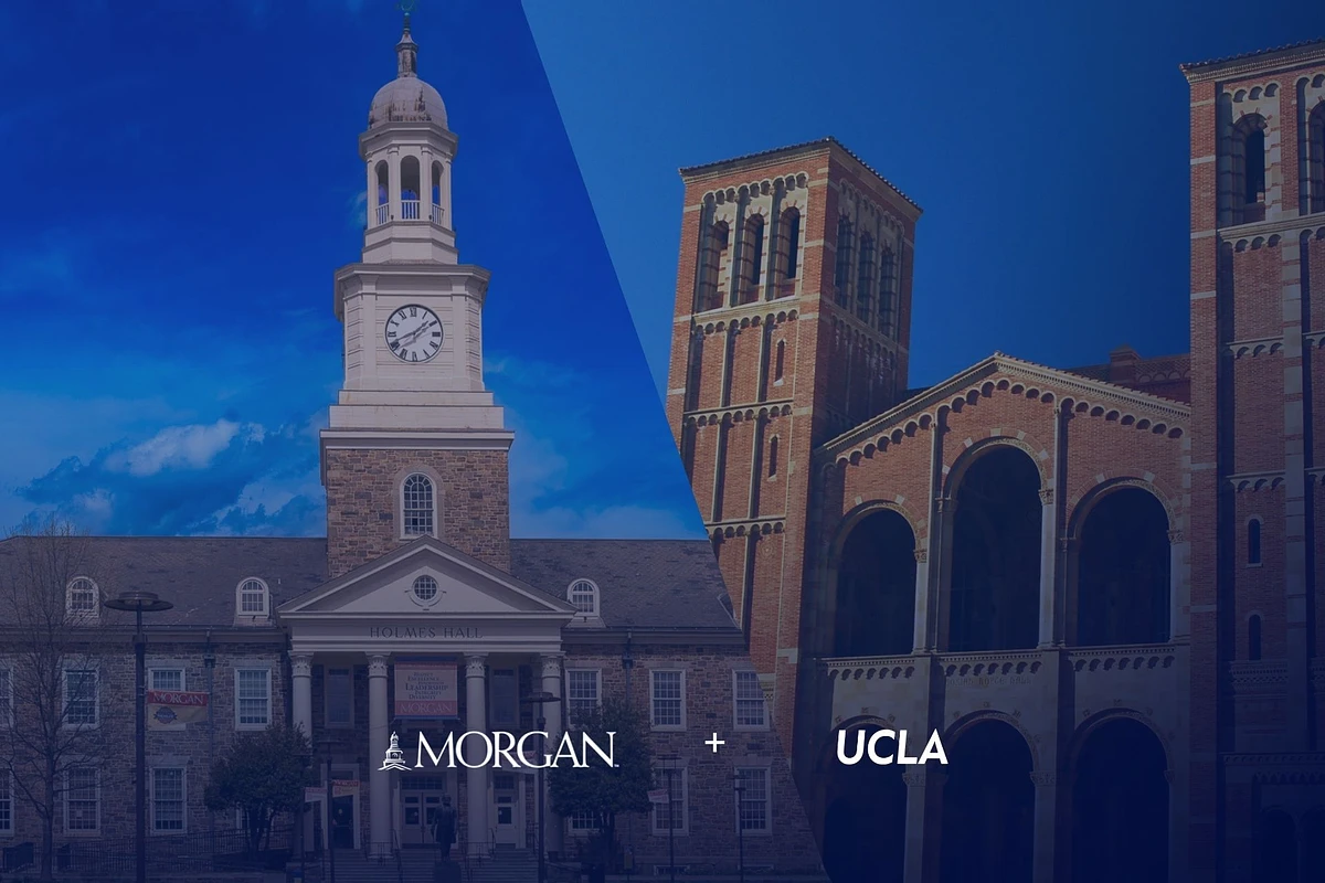 The image shows a split view of Holmes Hall at Morgan State University and Royce Hall at UCLA with their respective logos beneath.